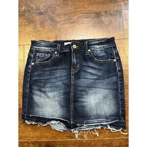 Kancan Dark wash Frayed Hem Denim Mini Skirt Size Small